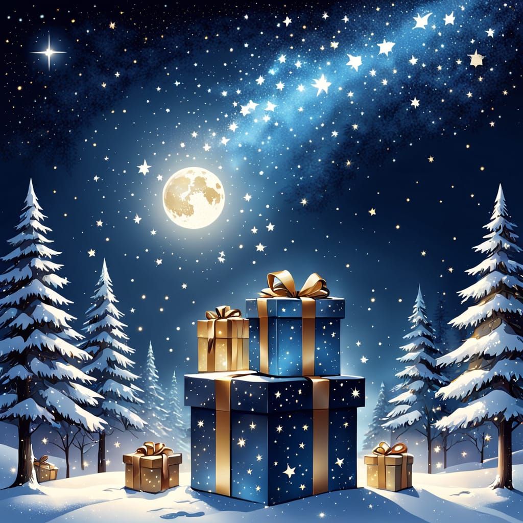 Santa Claus Delivering Gifts Under a Starry Night Sky