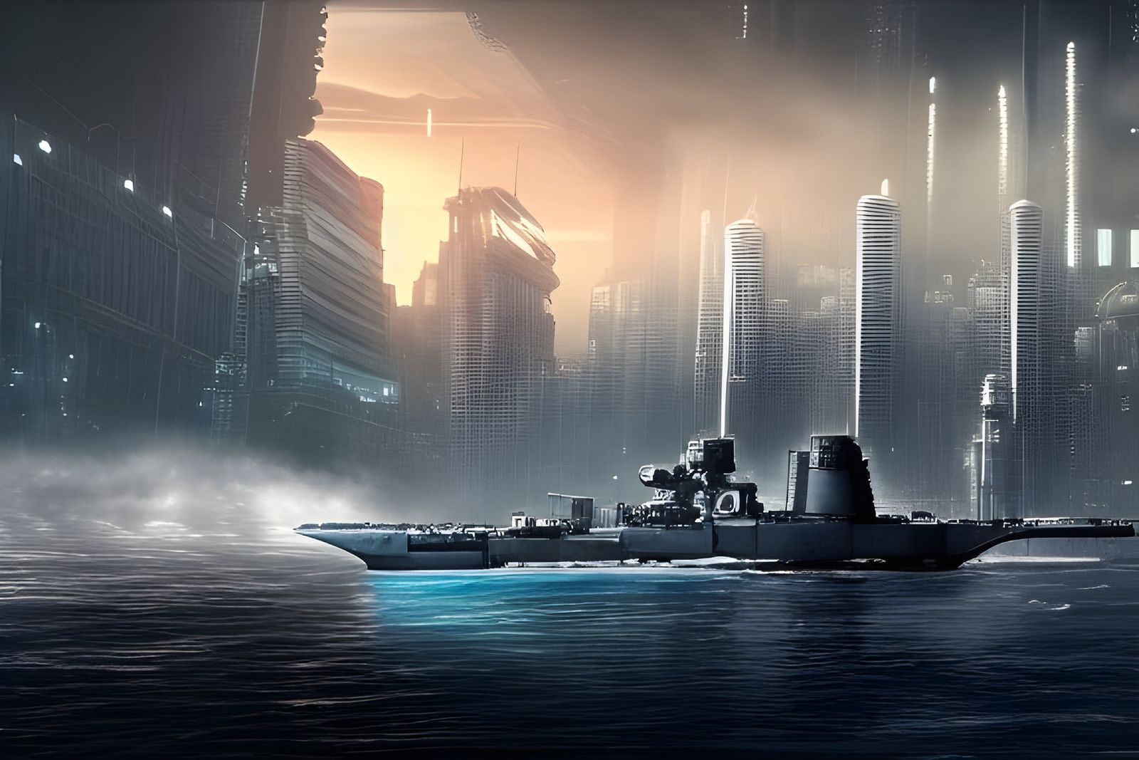 Cyberpunk Battleship Patrols Urban Bay in 8K