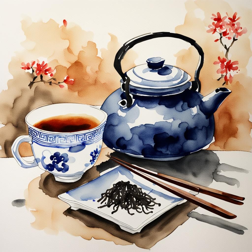 Oriental Watercolor Still Life with Teapot