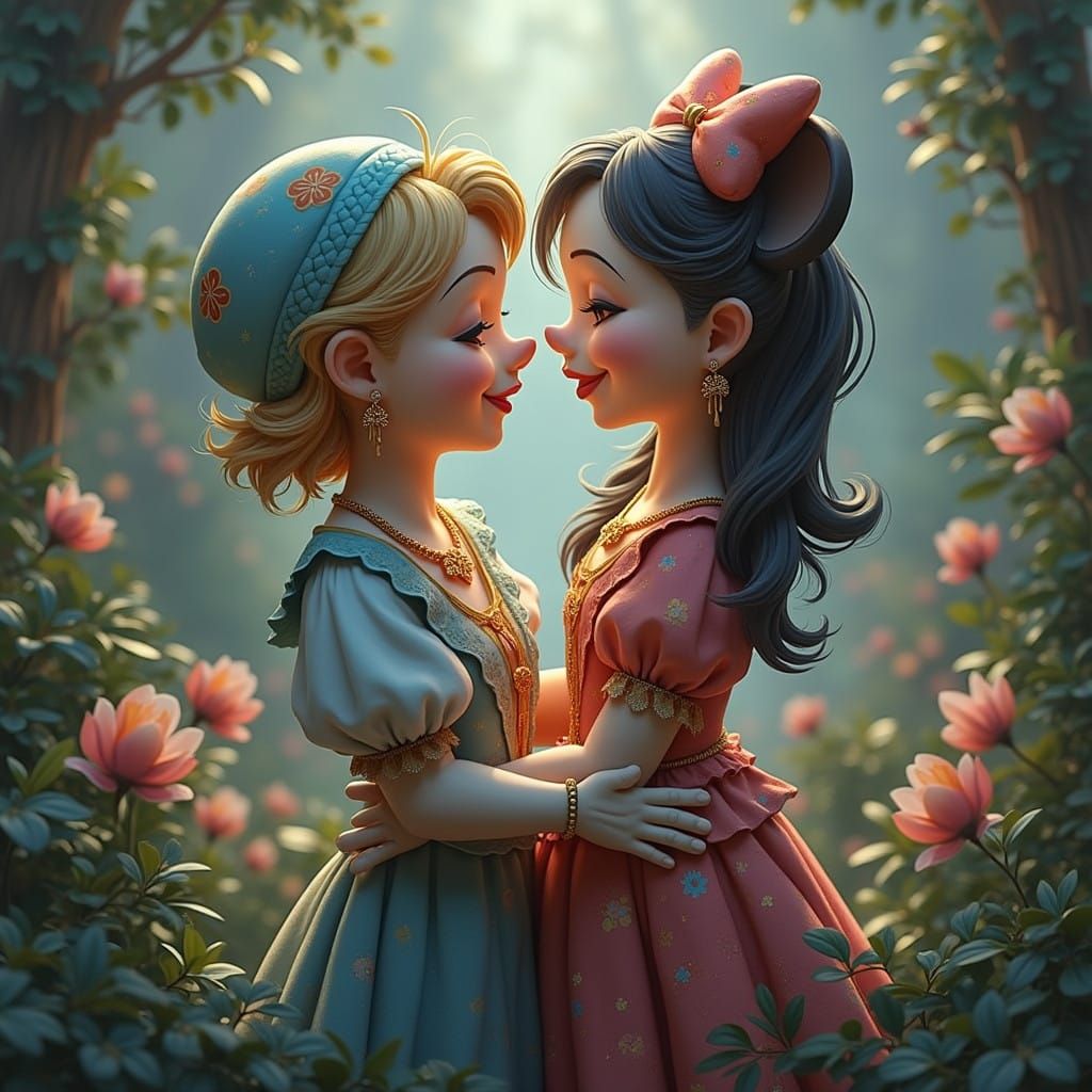 Disney Princesses Embracing in Whimsical Fantasy Landscape