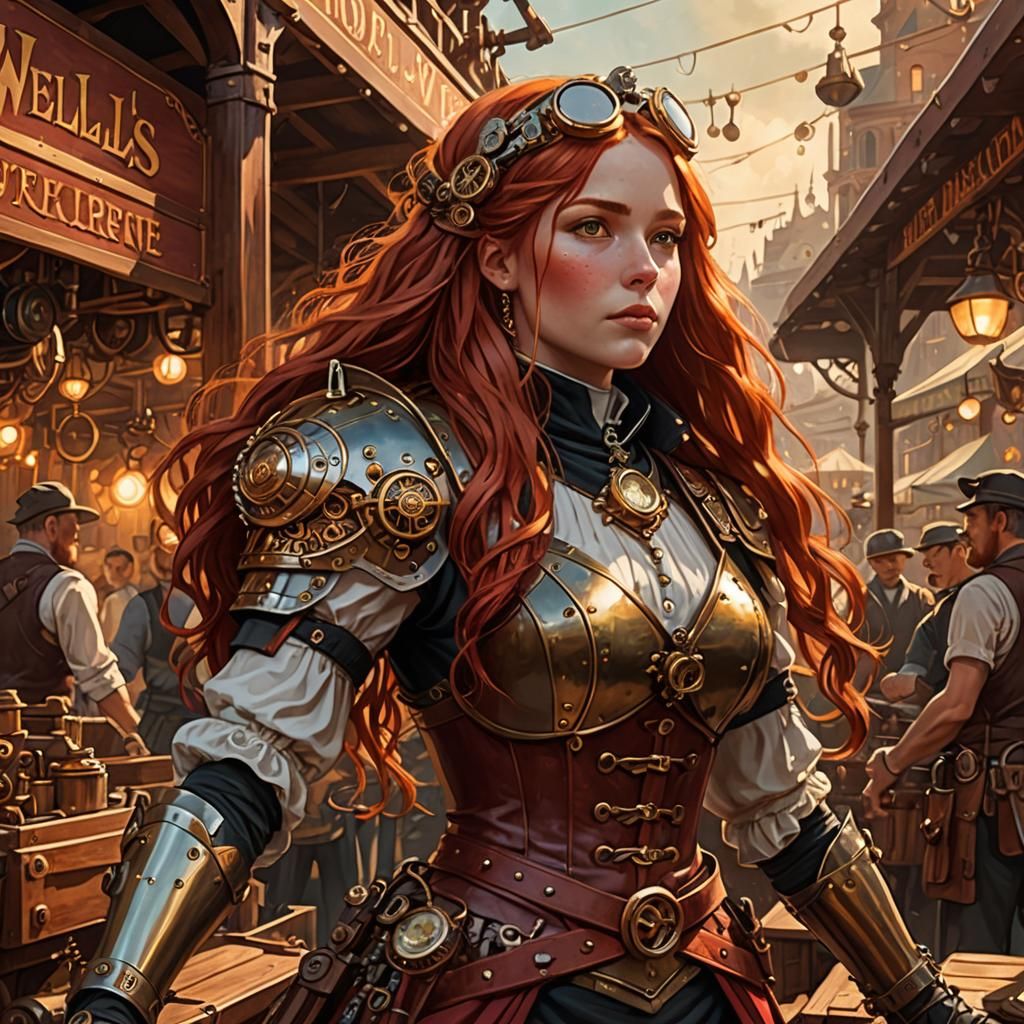 Steampunk Woman Selling Arms at Steam-Powered Market