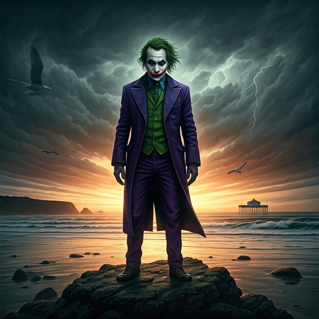 Joker in Stormy Coastal Landscape, Surreal Art