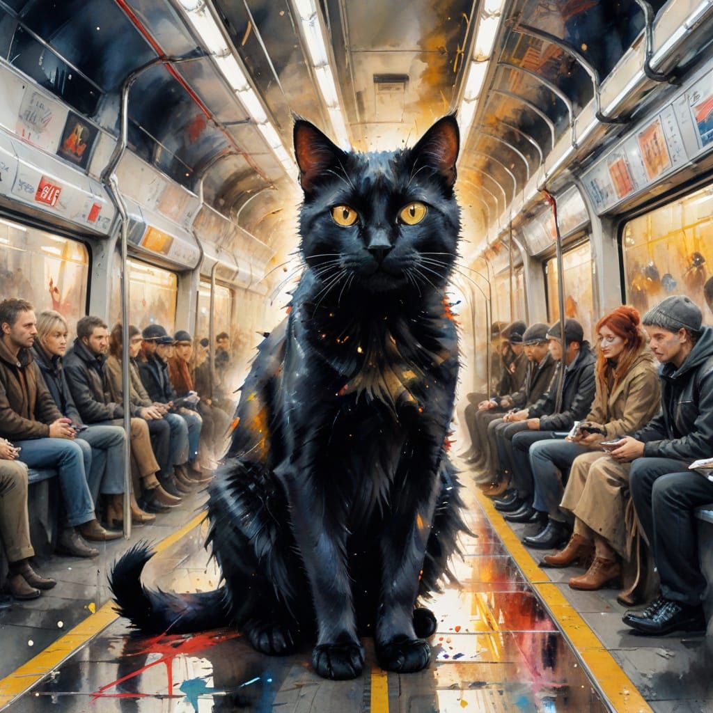 Black Cat in Crowded Subway, in Watercolour Style