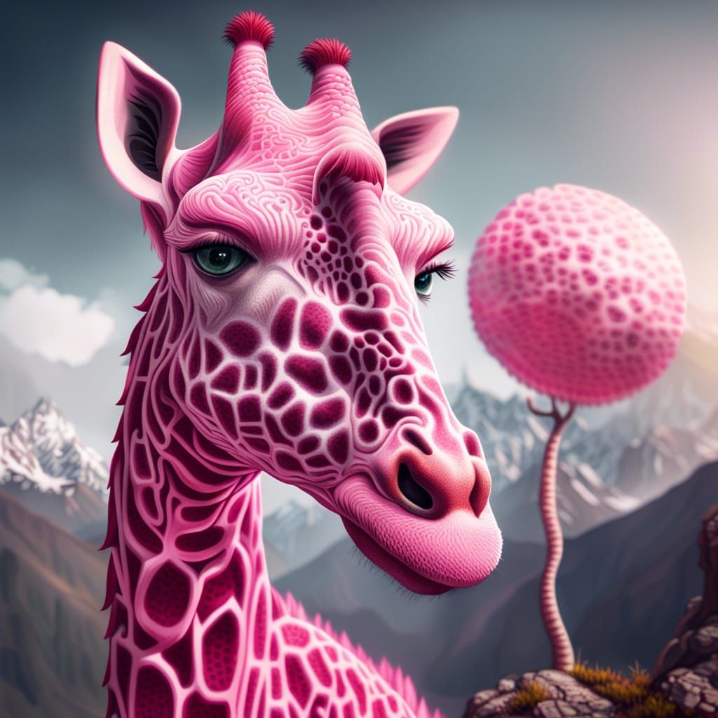 Pink Giraffe Climbs Himalayas: Hyperrealistic Cryptid
