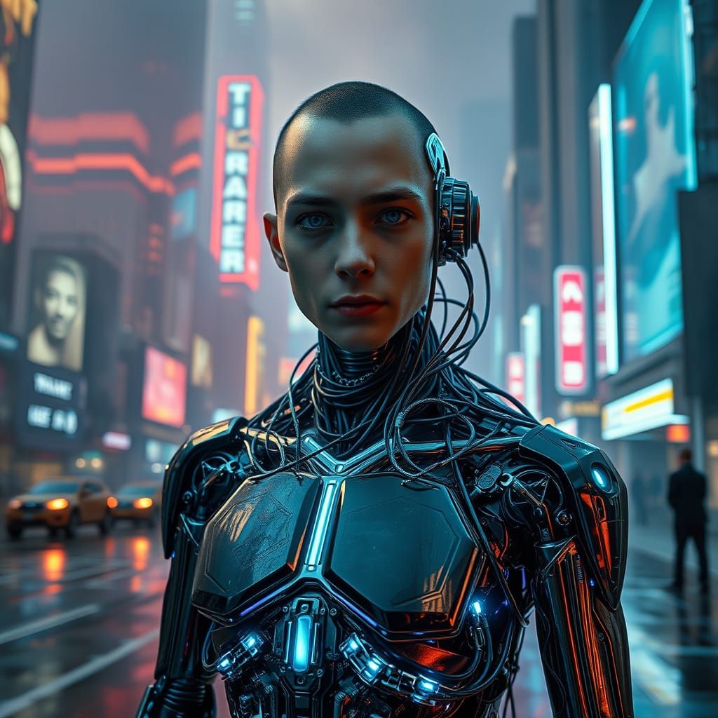 Cyberpunk Cyborg in Neon-Lit City