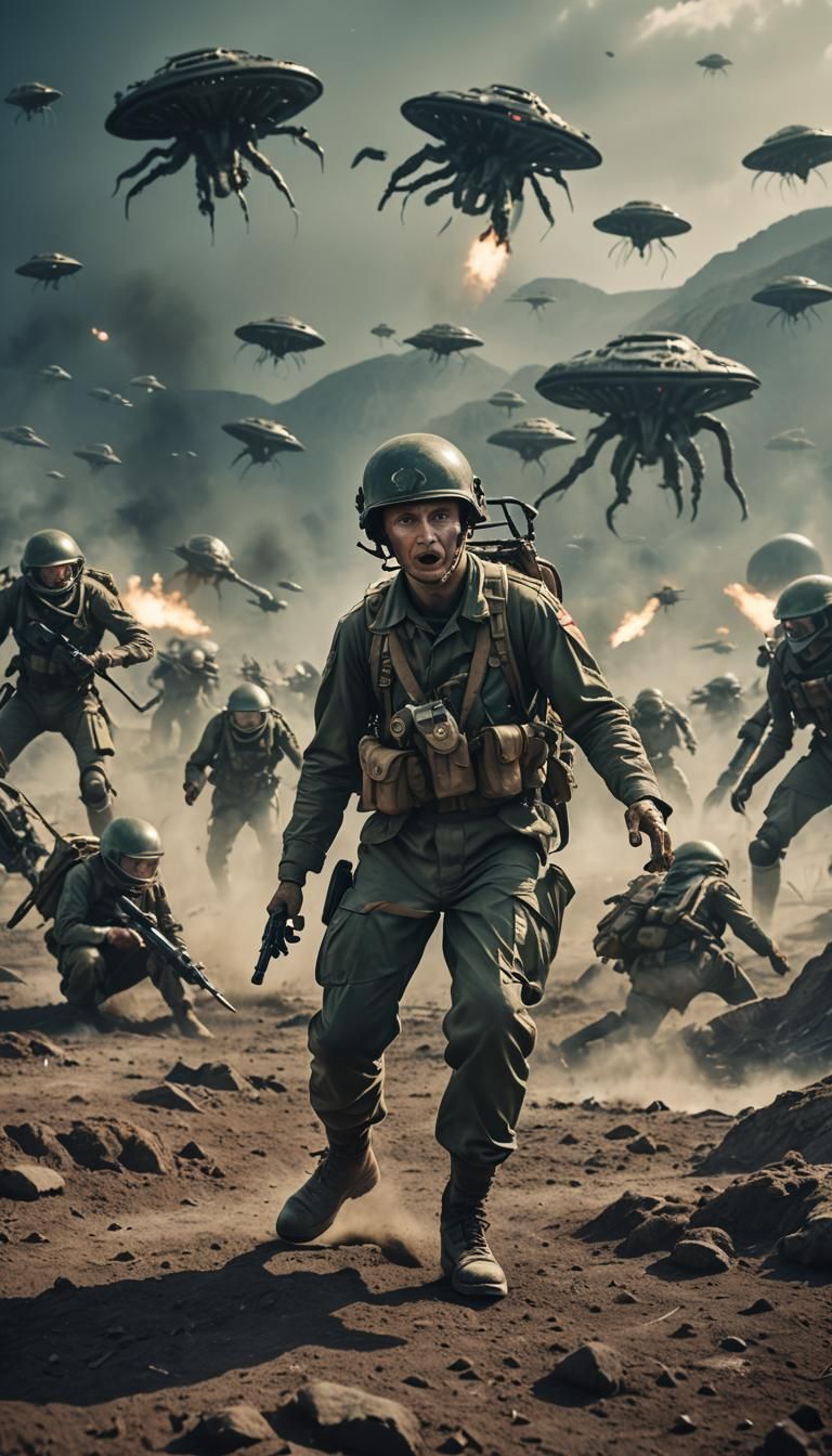 WWII Soldier Battles Aliens: Cinematic Film Still