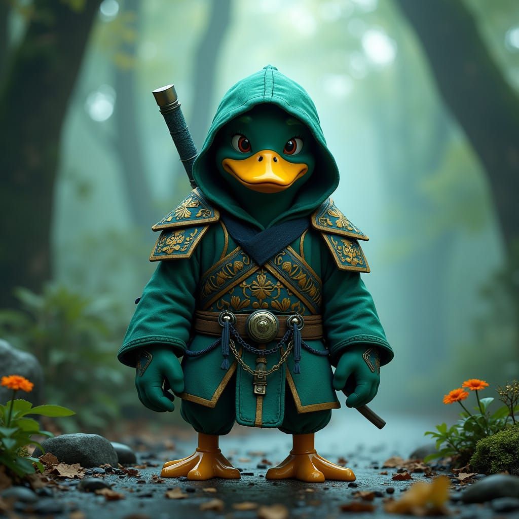 Majestic Ninja Duck in Misty Forest