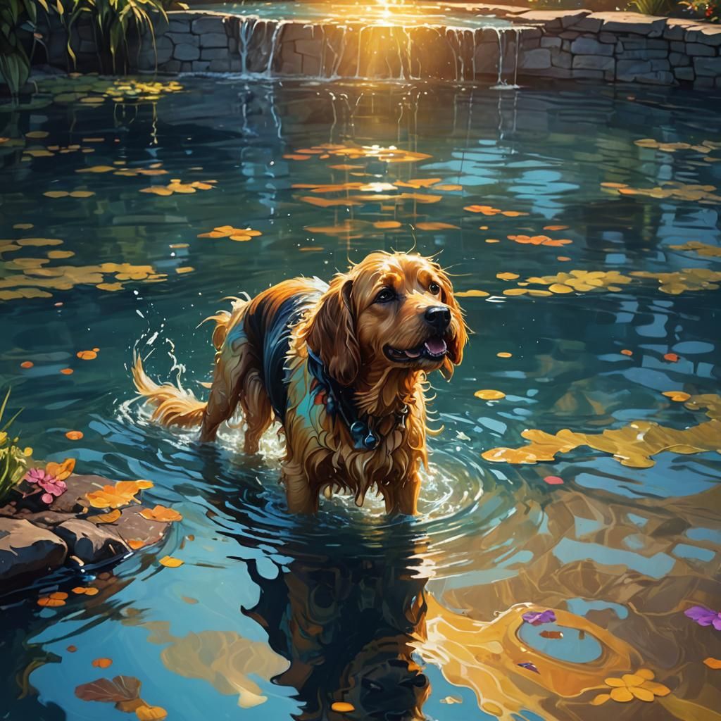 Dog Swimming in Pool: Vibrant Oil Painting