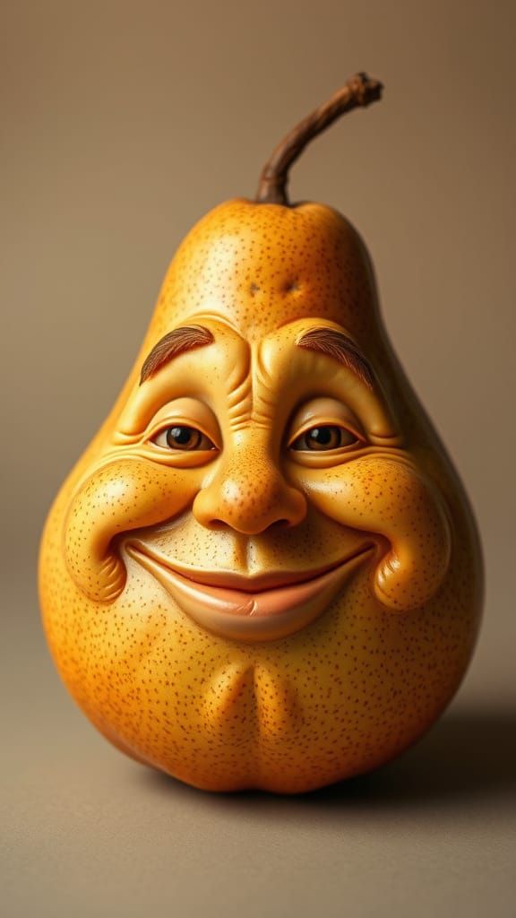Whimsical Pear with Gentle, Ancient Face