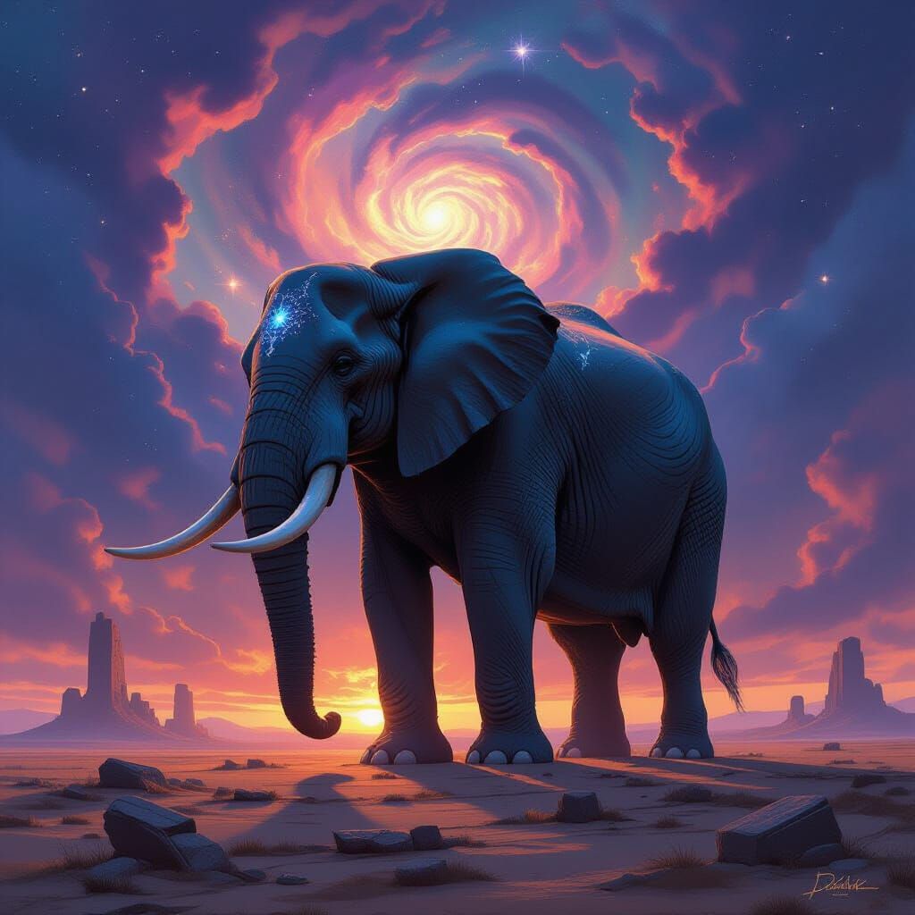 Ancient Elephant on Windswept Plain Under Nebula Sky
