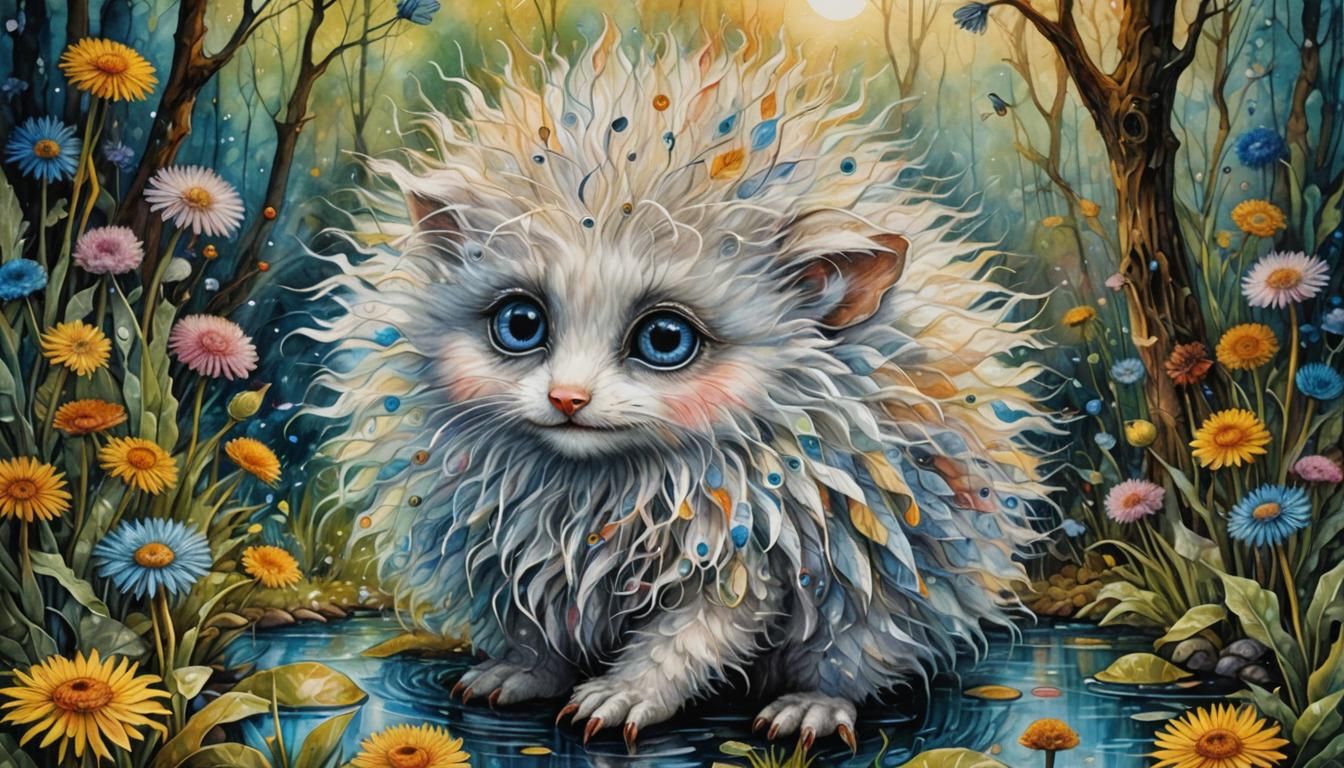 Watercolor Fluffy Creature with Dandelion