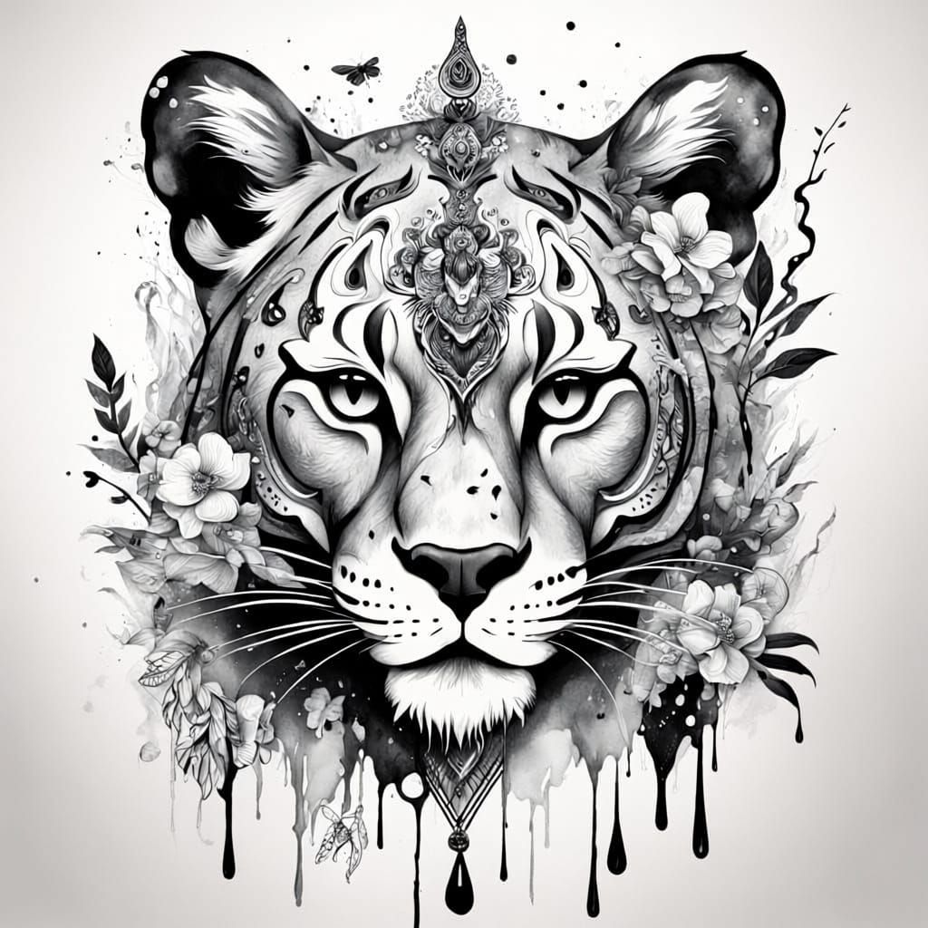 Intricate Black and White Cougar Design with Floral and Ink ...