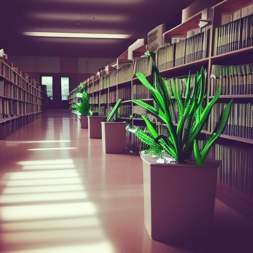 Spooky Empty Library with Sunlight and Plants