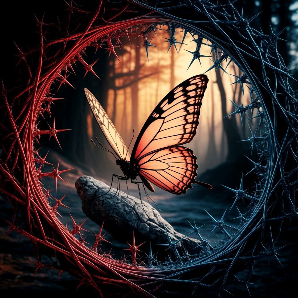 Barbed-Wire Butterfly in Crimson Maze