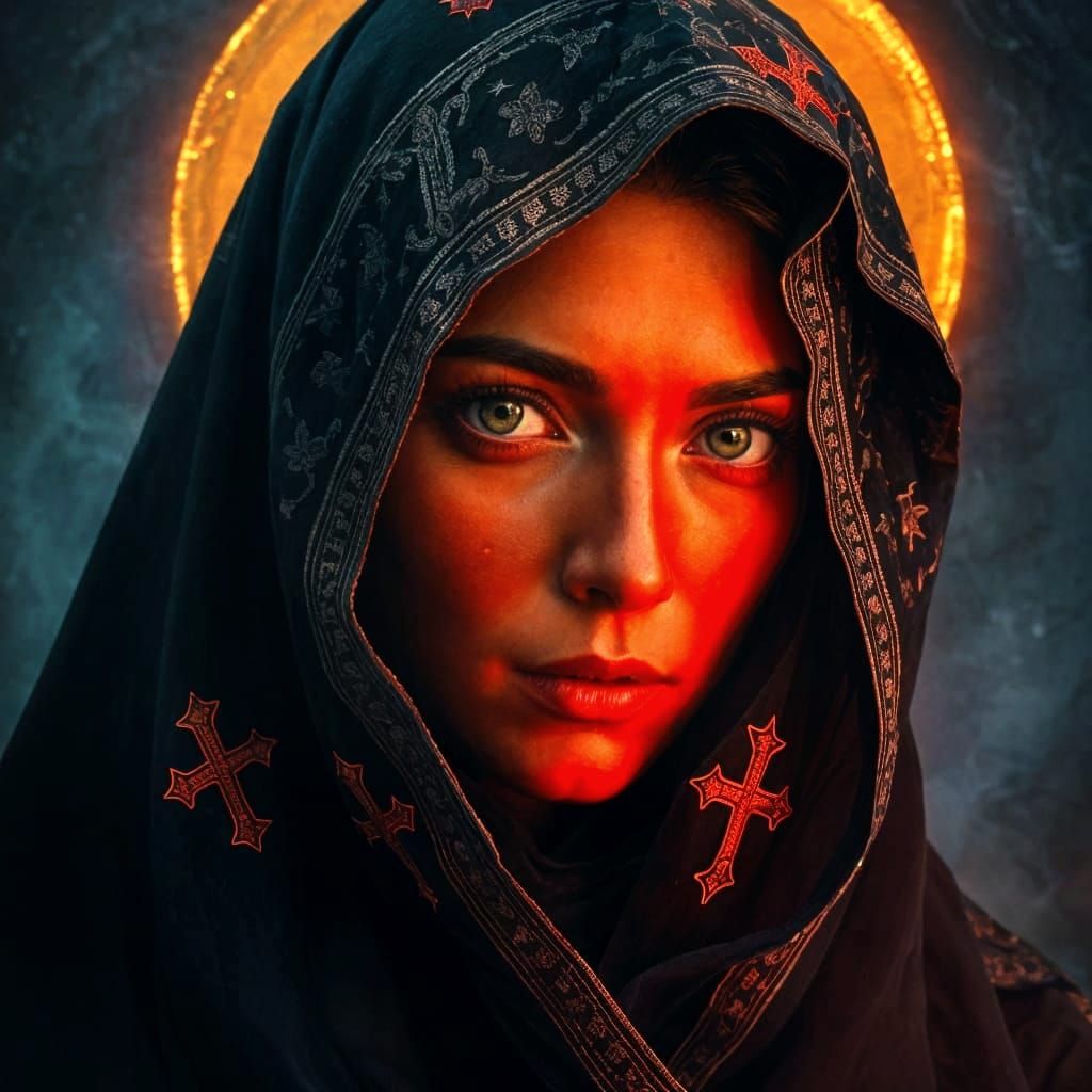 Surreal Goddess in Red Veil and Golden Halo