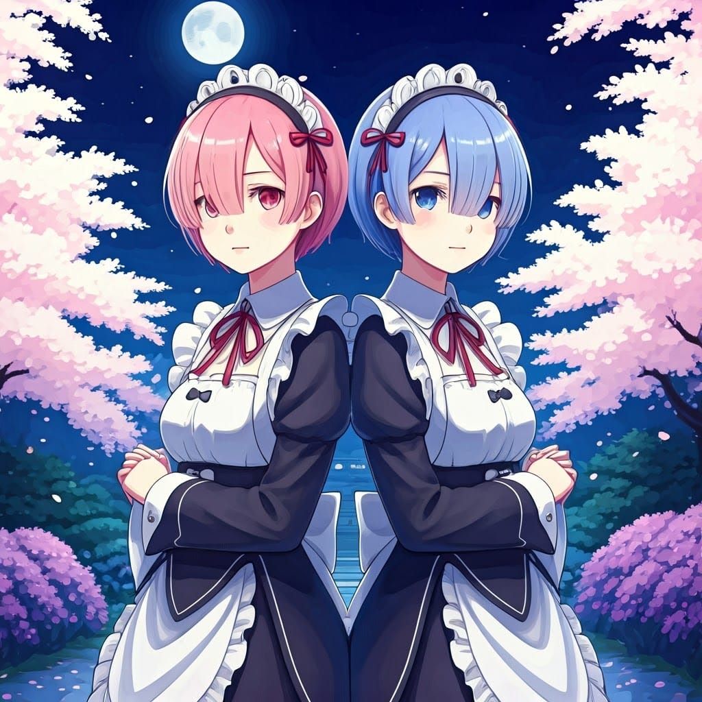 Twin Maidens Under Moonlit Cherry Blossoms in Whimsical Wate...