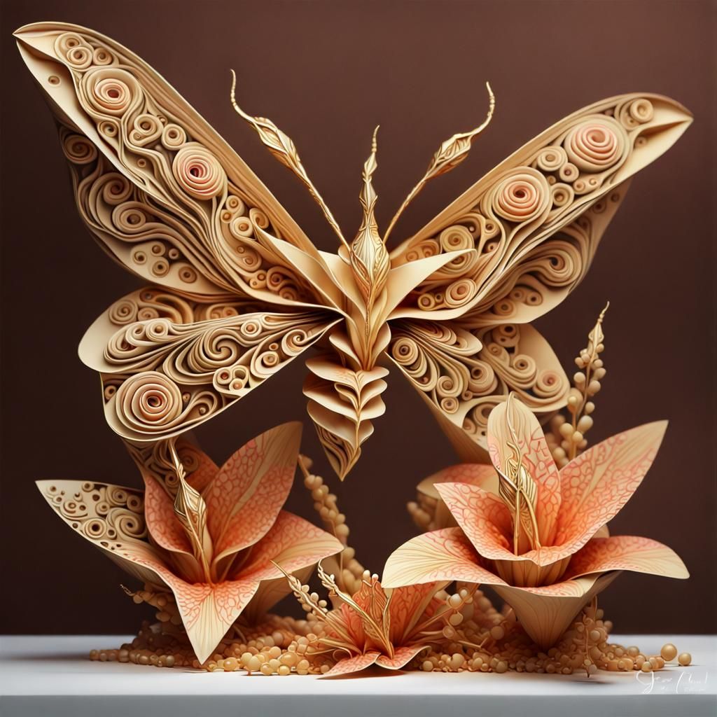 Gold Filigree Moth in Ikebana Flower Garden