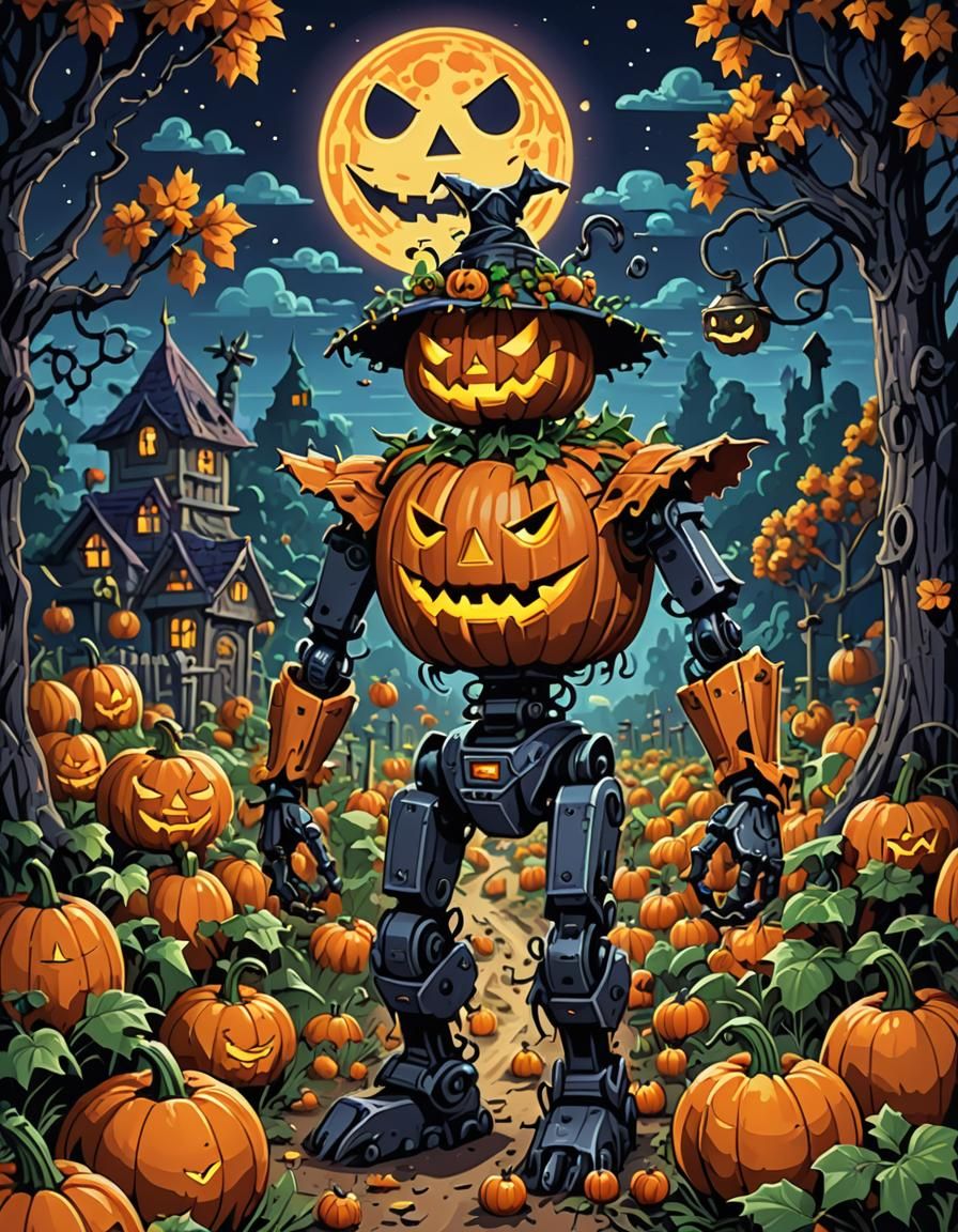 Pixel Art Pumpkin Robot Scarecrow in Fantasy World