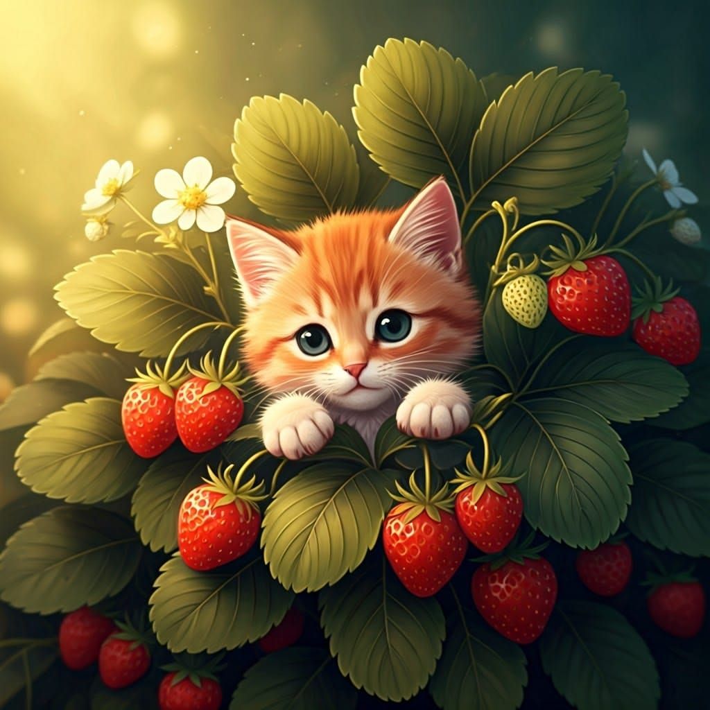 Whimsical Kitten Emerge from Strawberry Bush in Anime Style