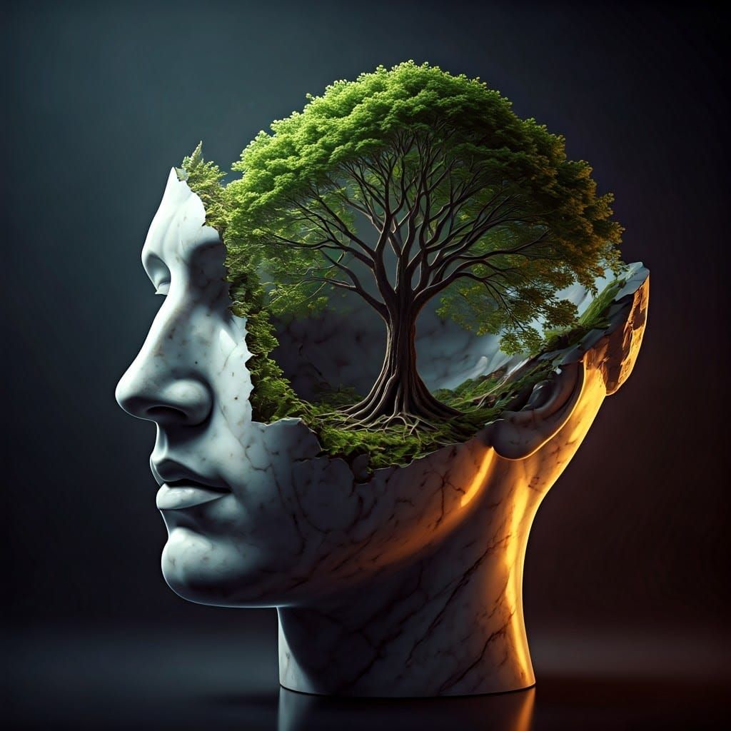 Marble Head Cross-Section with Tree, Hyperrealistic CGI
