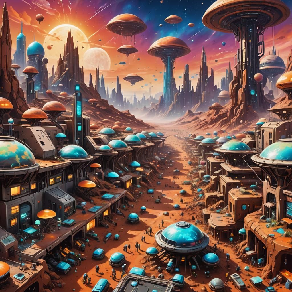 Futuristic Alien City on Mars in Graffiti Art Style