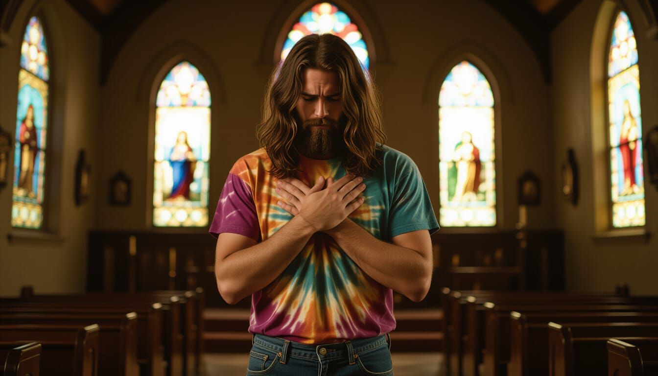 Remorseful Hippie in Gothic Church, Caravaggio Style
