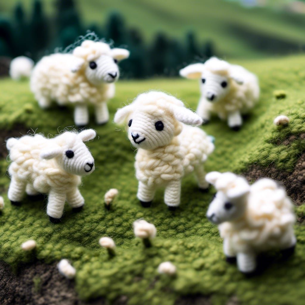 Adorable Chibi Yarn Lambs on Wool Pasture