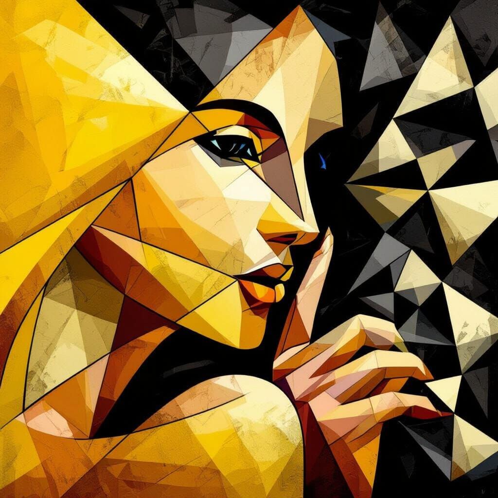 Surreal Woman in Yellow and Black Geometric Cubism Style
