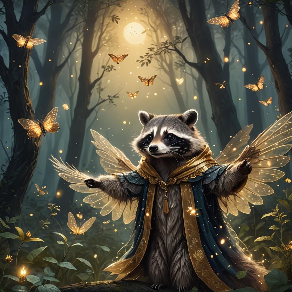 Raccoon Fairy in Misty Forest: Magical Realism