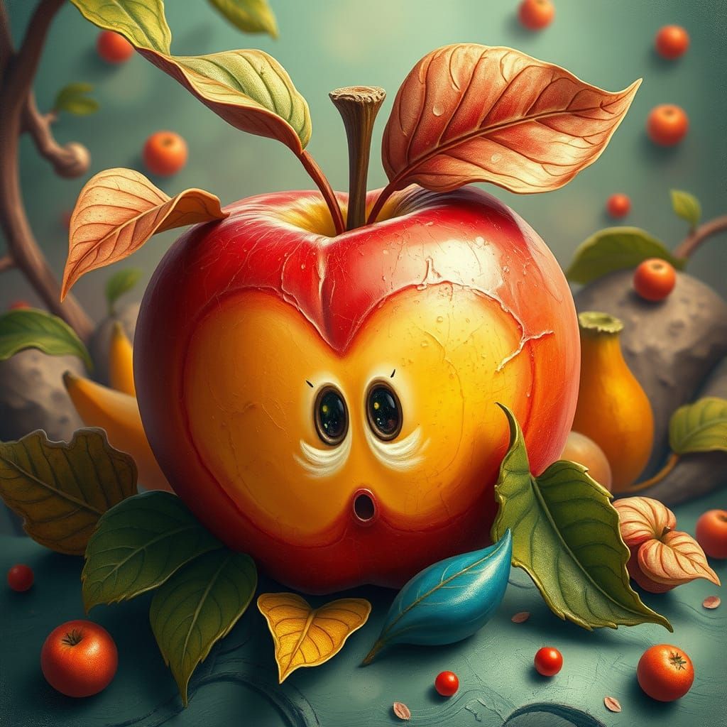 Vibrant Whimsical Apple Scene in Fantasy Art Style