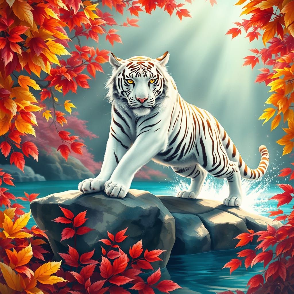 Golden Tiger Meditating in Vibrant Forest, Watercolor Style