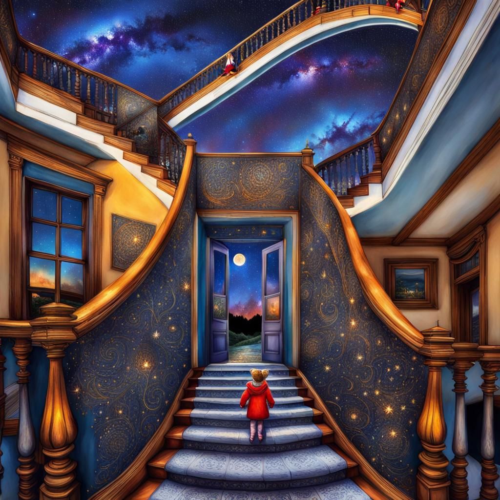 Crescent Moon Stairway with Girl and Teddy Bear
