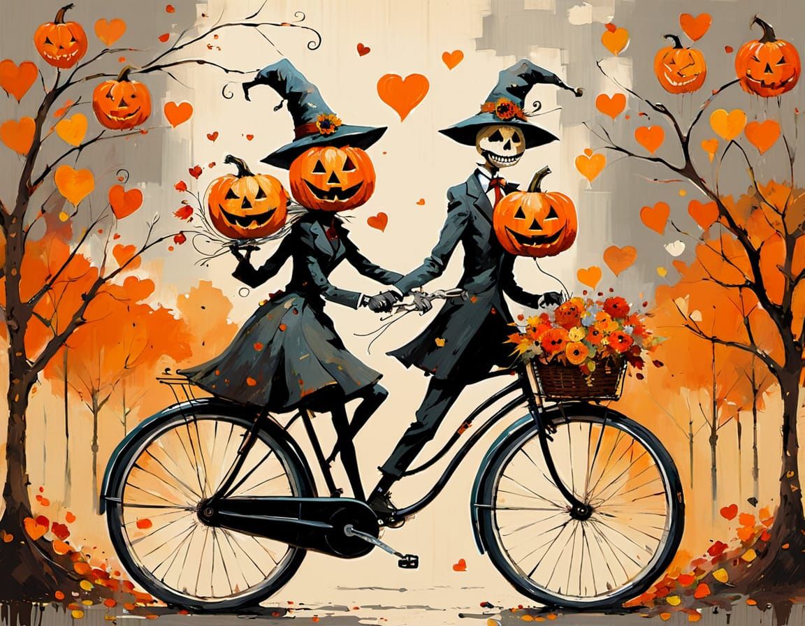 Anthropomorphic Jack-o-lanterns on a Spooky Autumn Bicycle D...