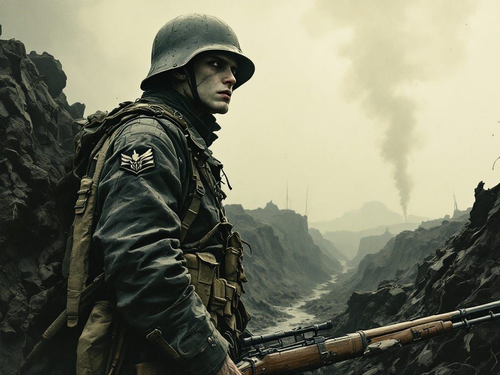 War-Torn Gothic Soldier in Trench, In Cyberpunk-Infused Wate...