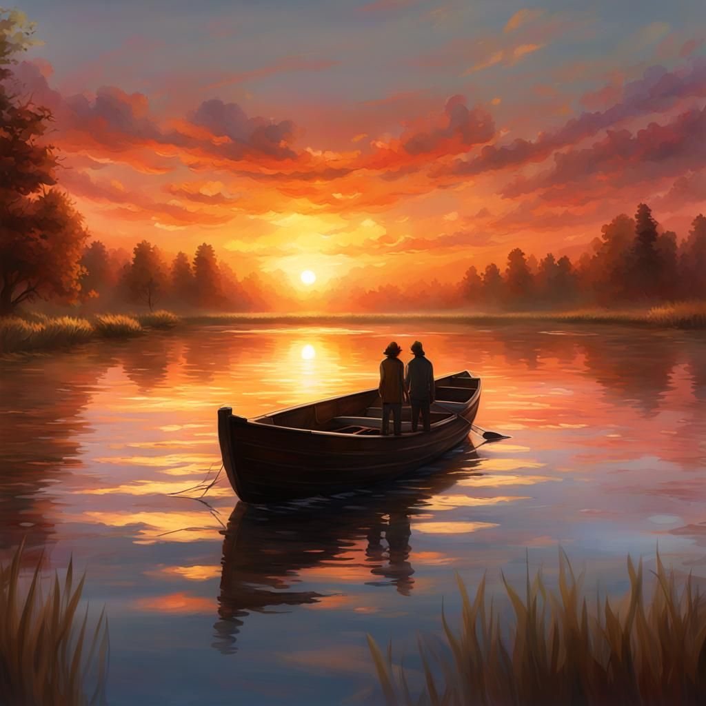 Romantic Sunset Lake Scene in Impressionist Style