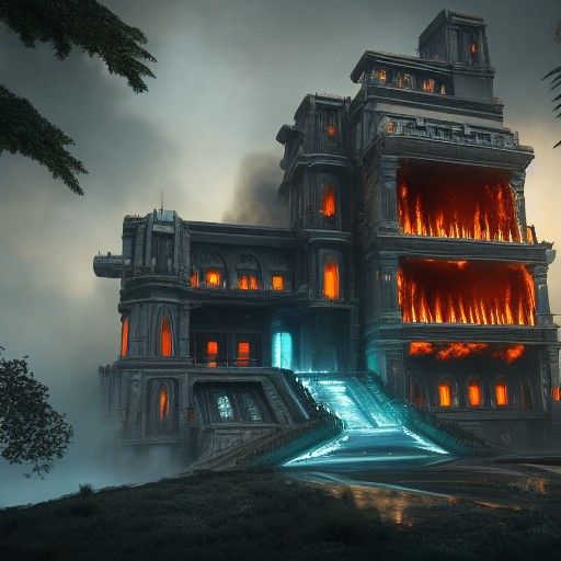 Burning Futuristic Mansion Escape: Detailed Matte Painting