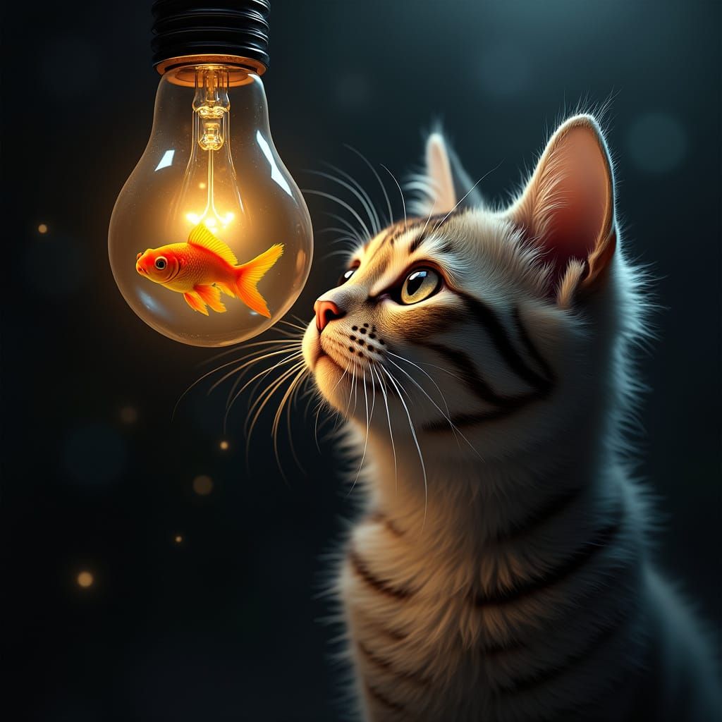 Majestic Cat Longingly Stares at Enchanted Lightbulb