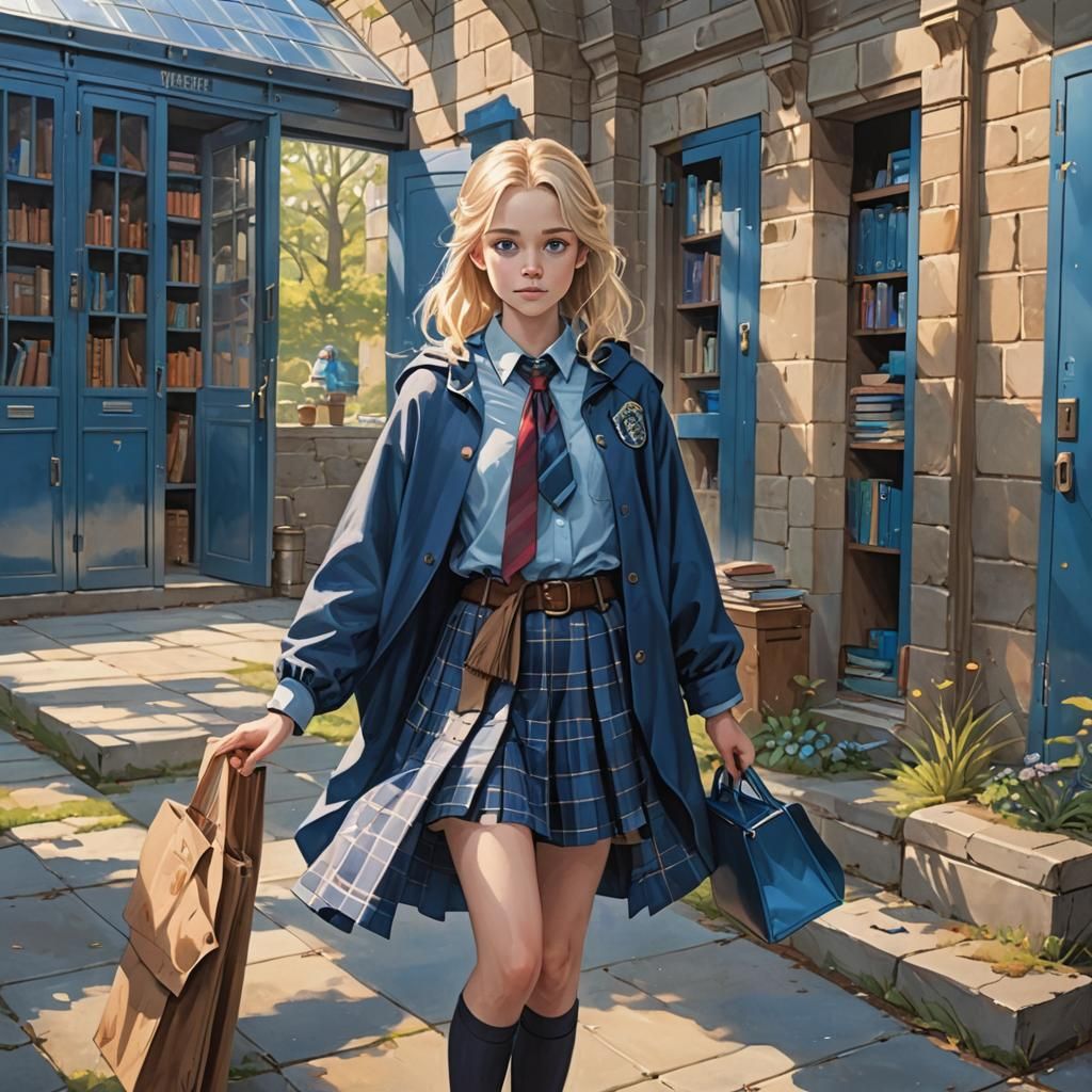 Magical Blue School Hallway with Girl in Cloak