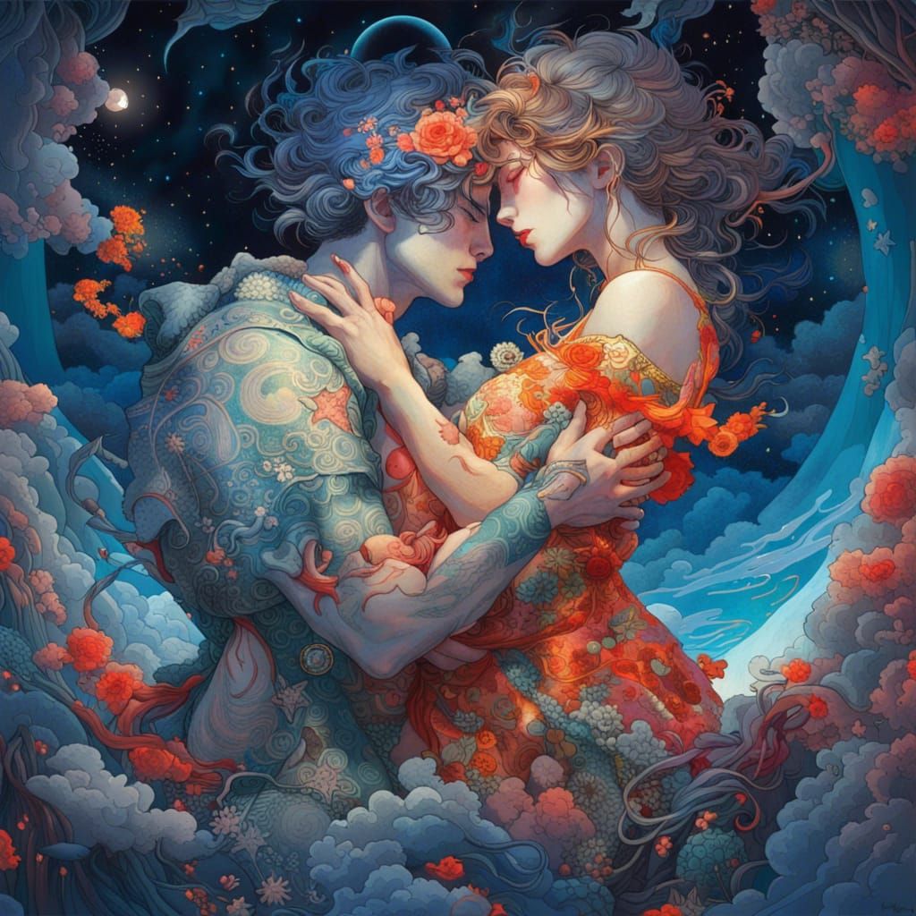 Lovers Embrace Under a Luminous Night Sky