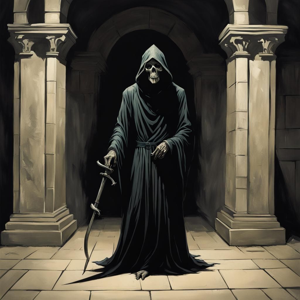 Modern Grim Reaper in Crypt, Digital Art Style