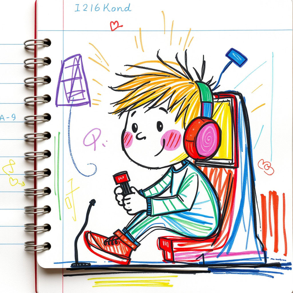 Colorful Kid in Video Game, Childlike Drawing