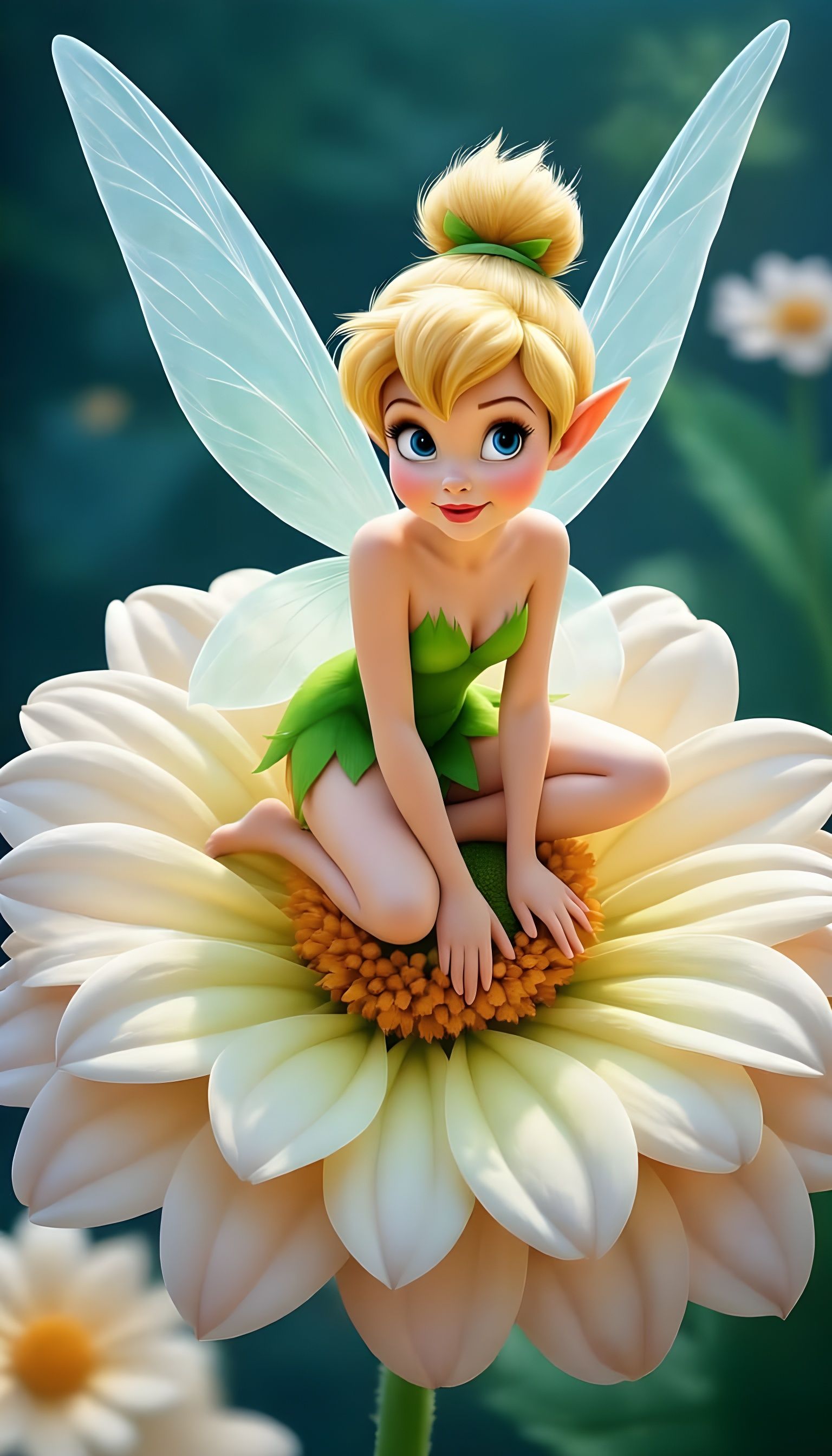 Tinkerbell Sits on Giant Flower, Curious Look