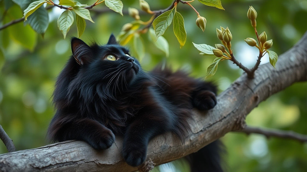 Black Cat Lounging in Dogwood Tree: Professional Photography