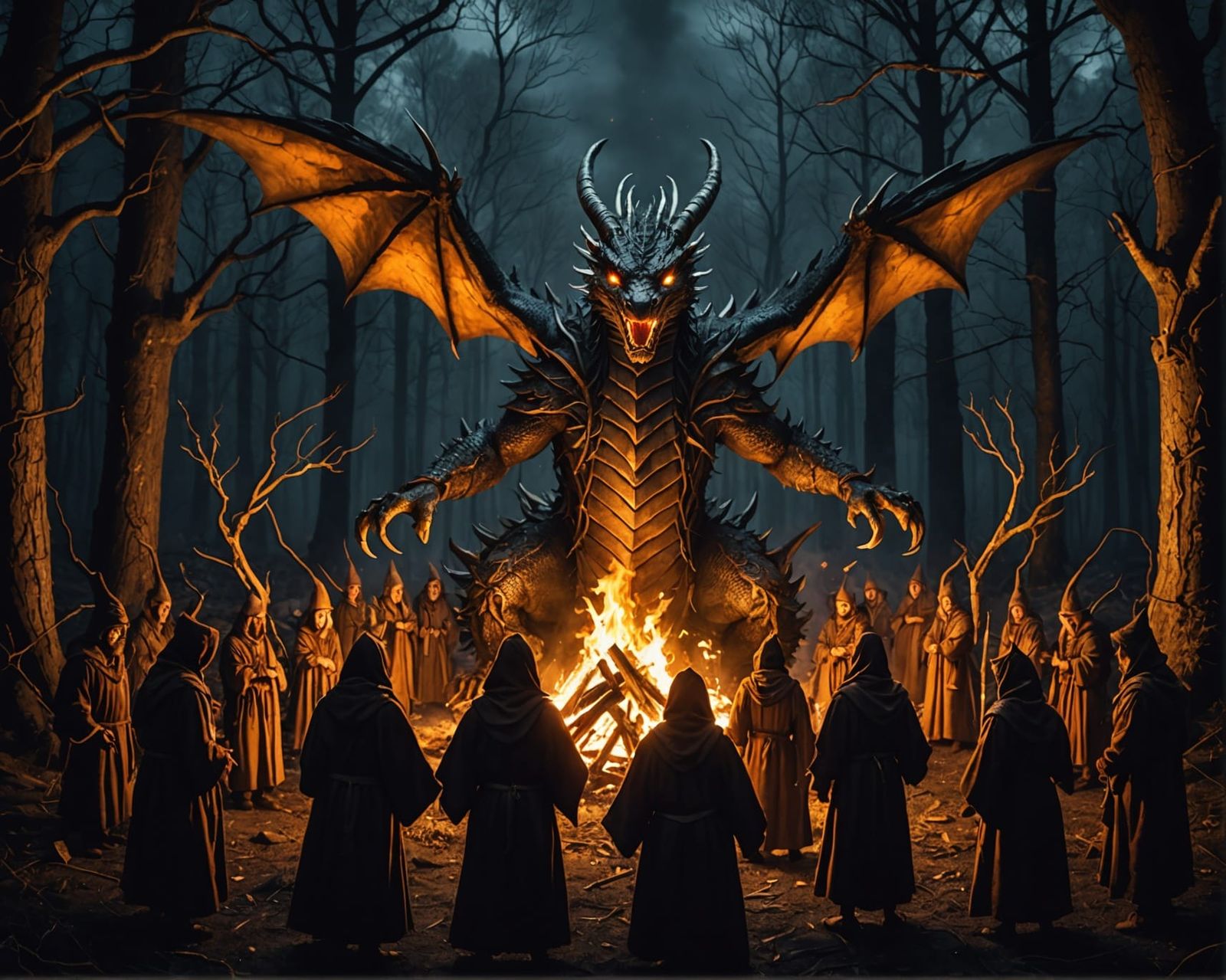 Eerie Dragon Ritual by Bonfire: Digital Art