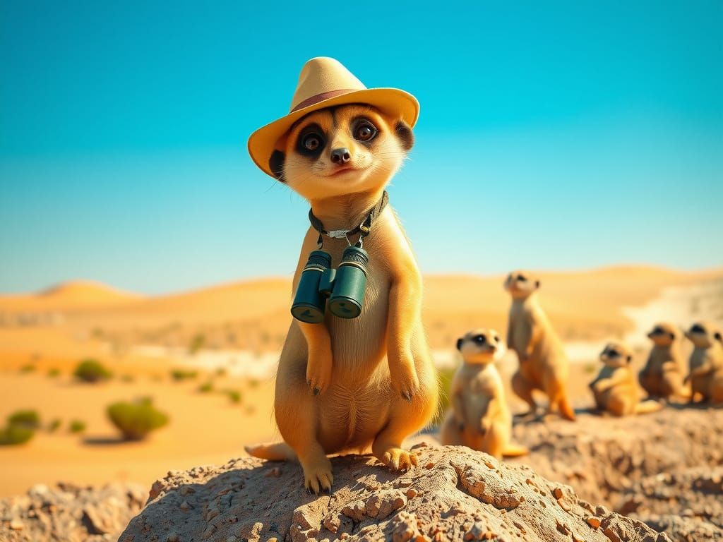 Surreal Safari Scene of Curious Meerkat in Desert Landscape