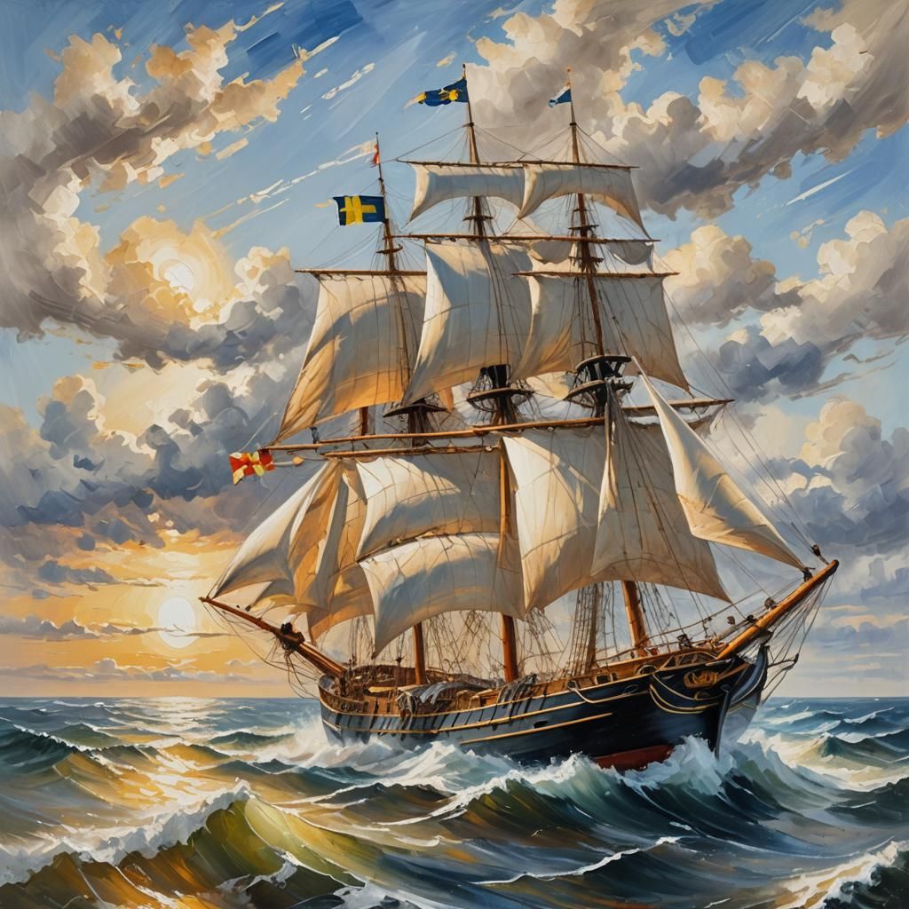 Swedish Ship in North Sea: Oil Painting