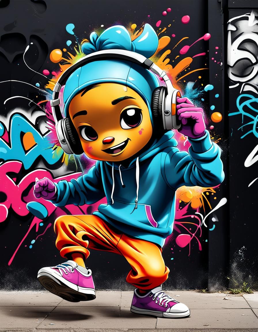 Dancing Cartoon Character in Graffiti Street Art