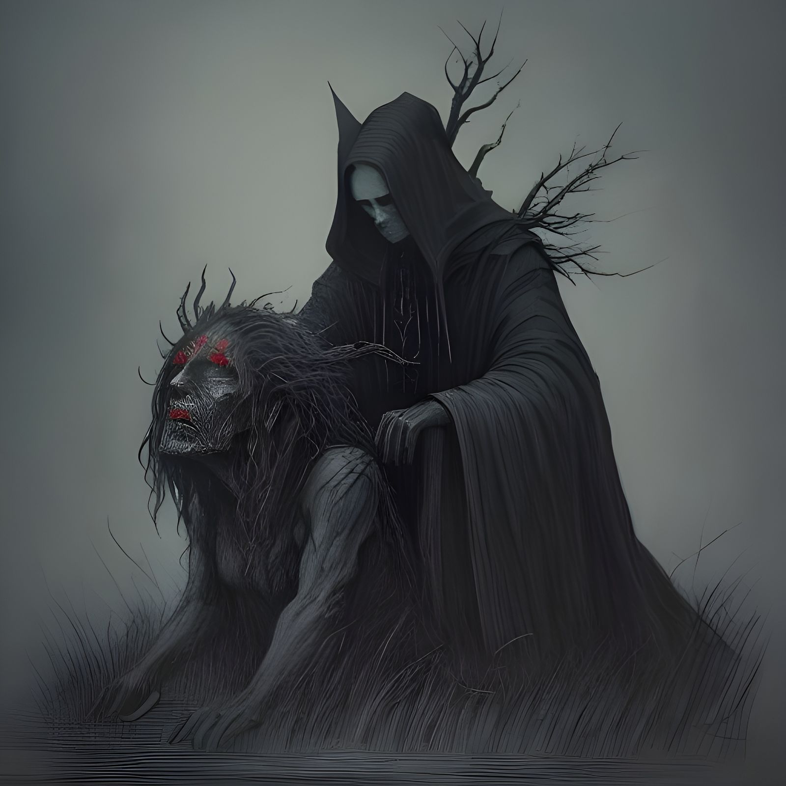 Witch and Victim in Dark Surrealist Style