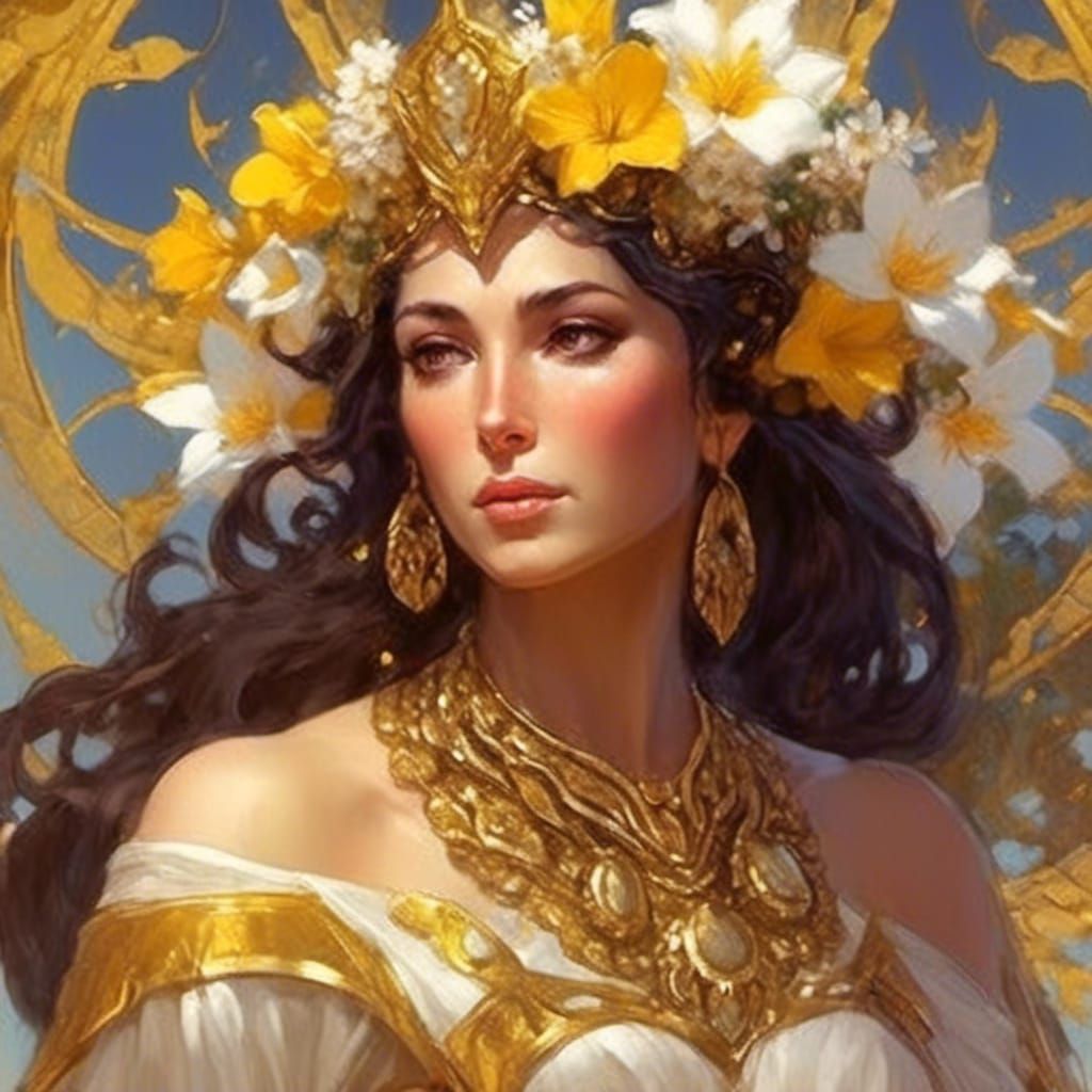 Freckled Spanish Woman Portrait with Exotic Flowers