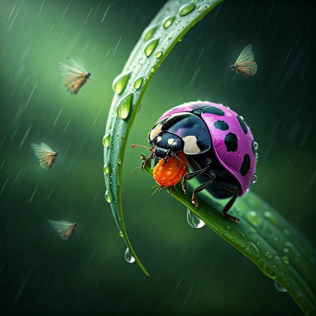 Ladybug in Lavender Exoskeleton, Fury on Emerald Green Leaf